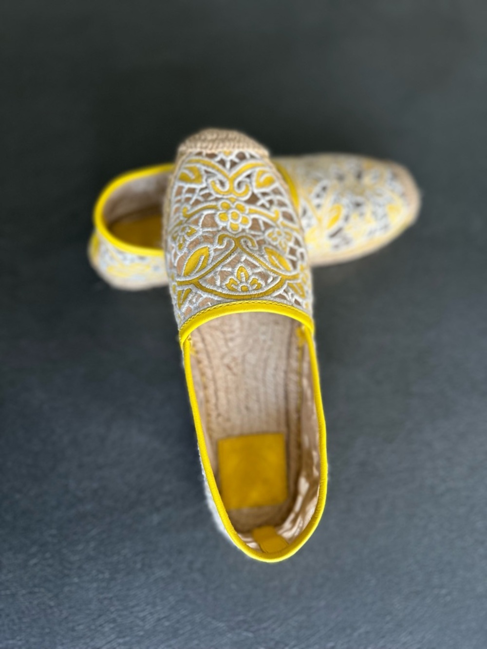 Tory Burch Yellow and Cream Embroidered Slip-On Moccasins